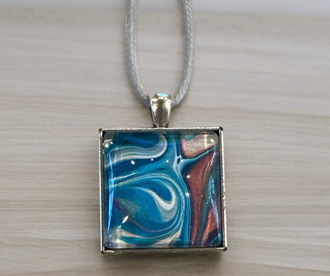 Original Abstract Art - Pendant Square - Necklace - Fluid Art - Wearable Art - Functional Art