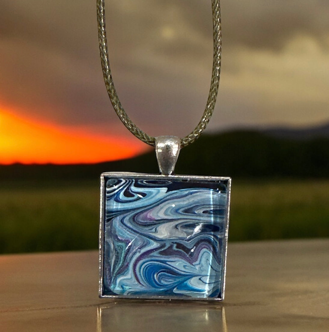 Original Abstract Art - Pendant Square - Necklace - Fluid Art - Wearable Art - Functional Art